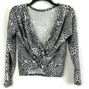 Poof New York Womens Long Sleeve VNeck Leopard Front Twist Top Black/White Mediu